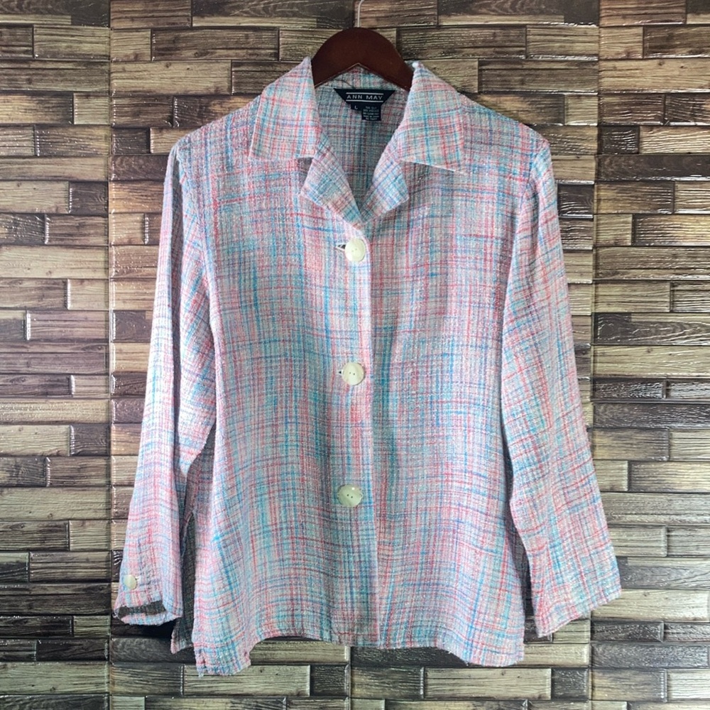 Vintage Ann May Woven Silk Blend Light Blazer Multi Colored Large